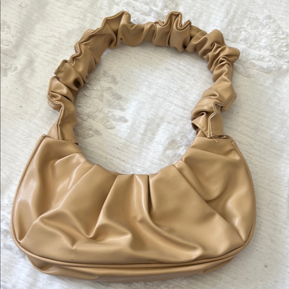 Tan Ruched Crescent Shoulder Bag